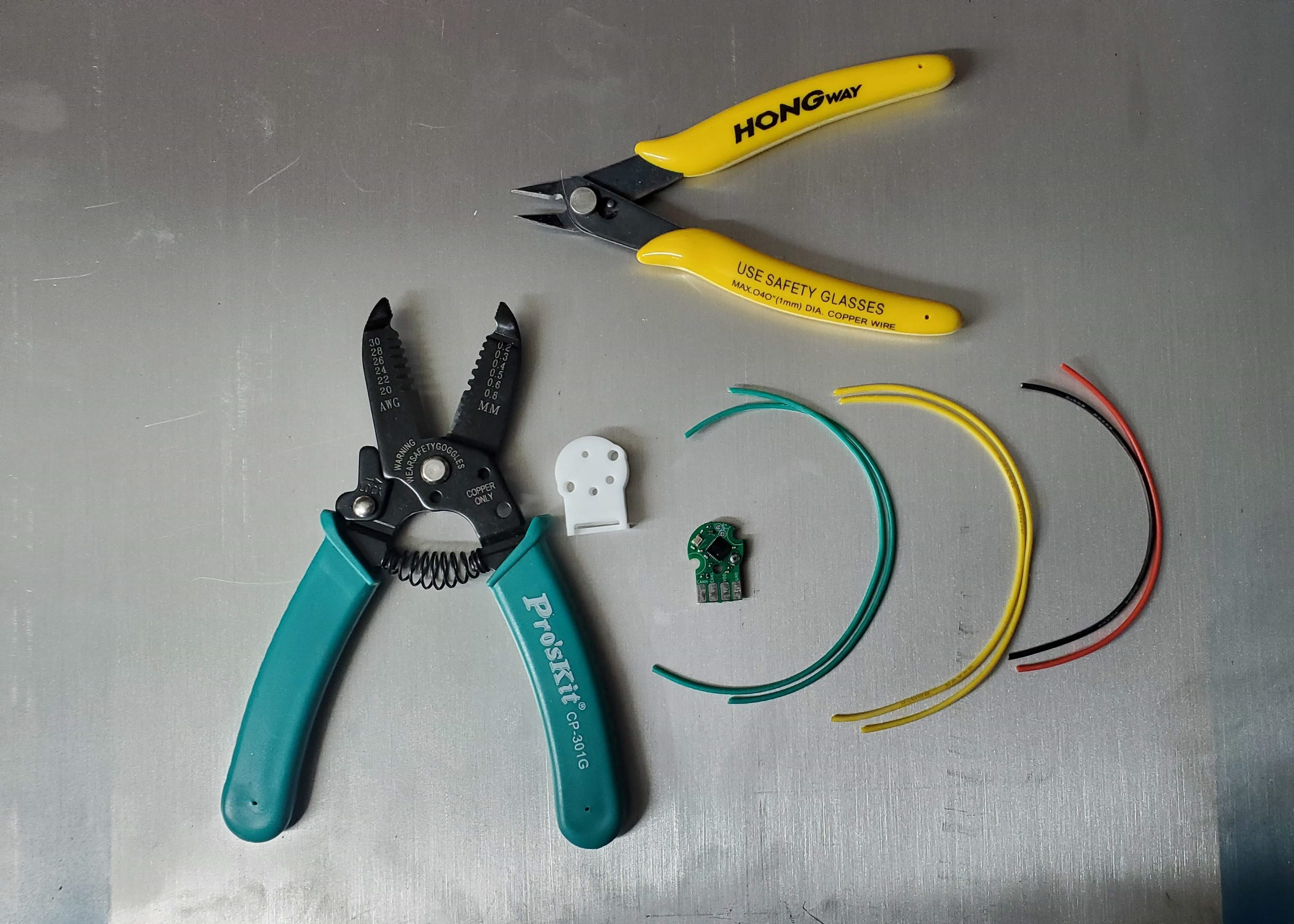Wires, Canandmag, wire stripper, and flush cutters